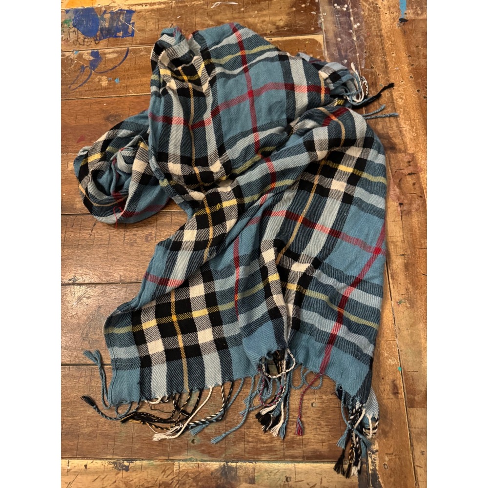 Blue Plaid Scarf Tartan Fringed Lightweight Oversized Wrap Blue Red Yellow